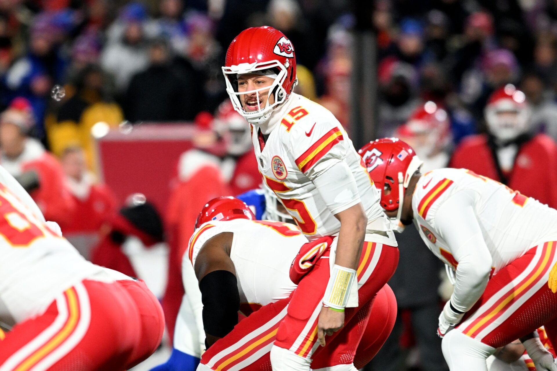 Kansas City Chiefs quarterback Patrick Mahomes (15) reacts in the first half against the Buffalo Bills for the 2024 AFC divisional round game at Highmark Stadium.