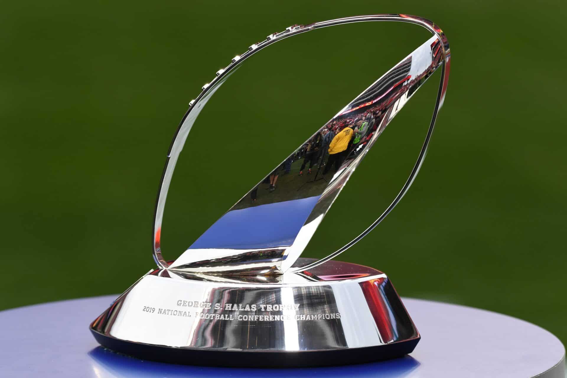 General view of the George Halas Trophy before the NFC Championship Game between the San Francisco 49ers and Green Bay Packers at Levin's Stadium.
