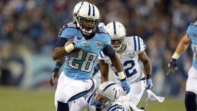 Tennessee Titans RB Chris Johnson (28) runs the ball against the Indianapolis Colts.