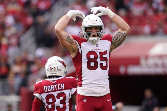 Arizona Cardinals tight end Trey McBride (85) celebrates after the Cardinals scored a touchdown.