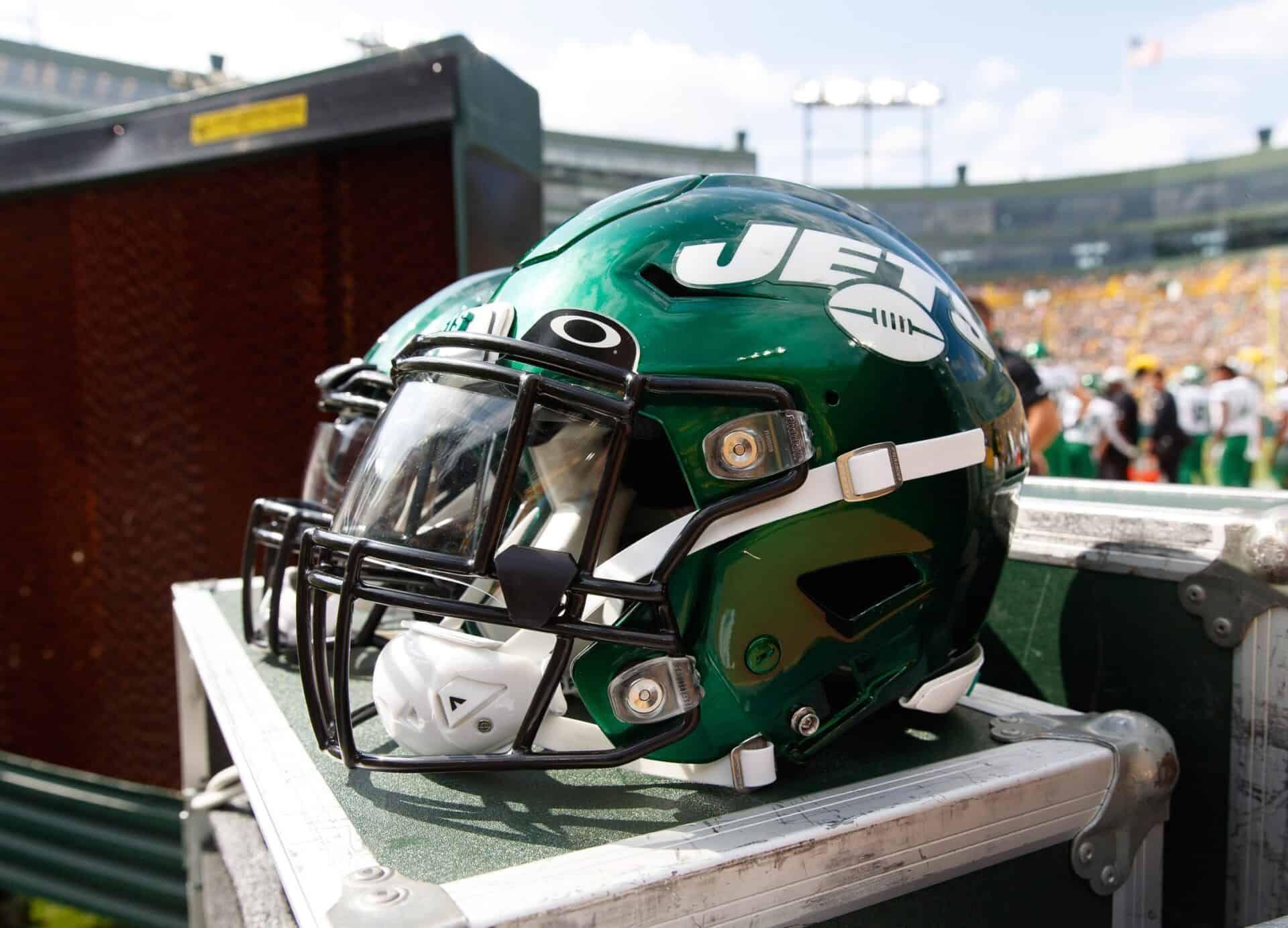 The New York Jets' helmet displayed on the team's bench.