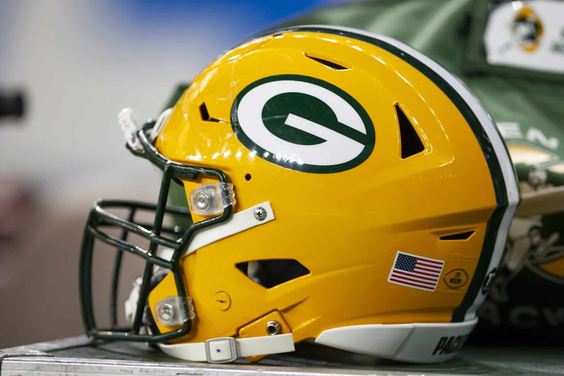 The Green Bay Packers helmet pictured on the team's sidelines.