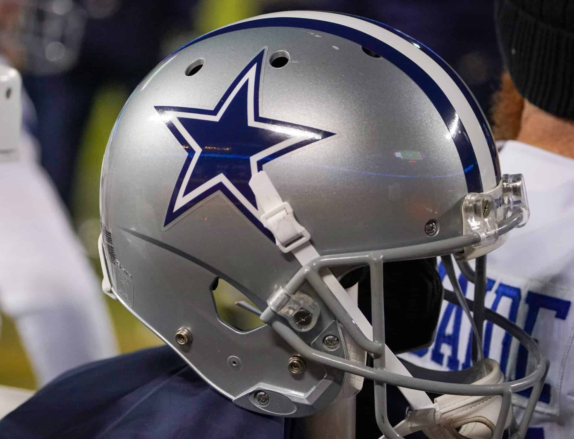 The Dallas Cowboys helmet displayed on the sidelines.