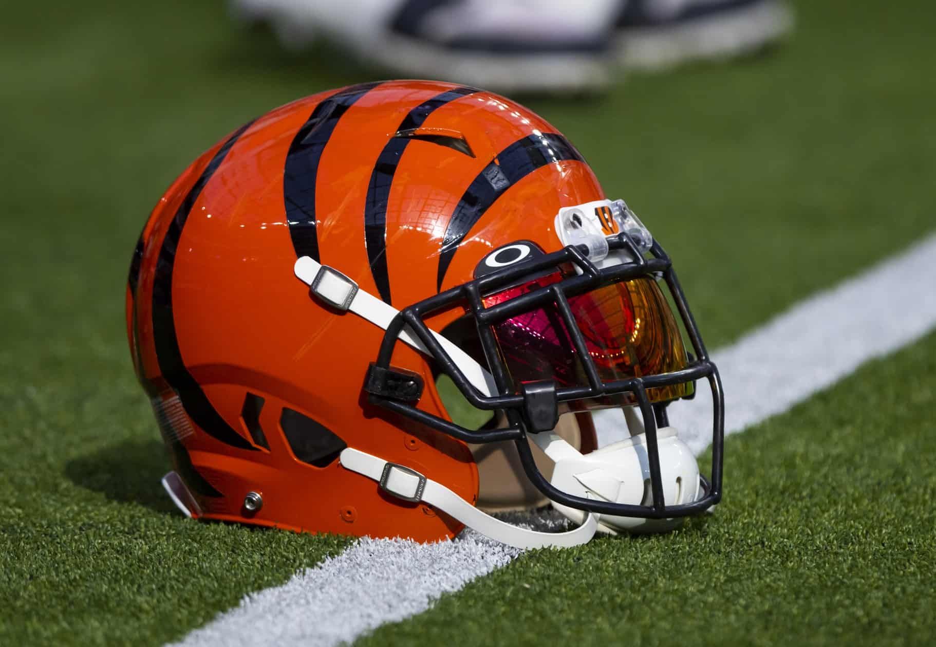 The Cincinnati Bengals helmet displayed on the field.