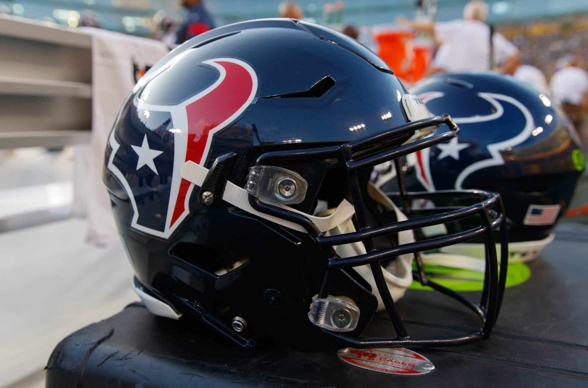 The Houston Texans helmets displayed on the team's sidelines.