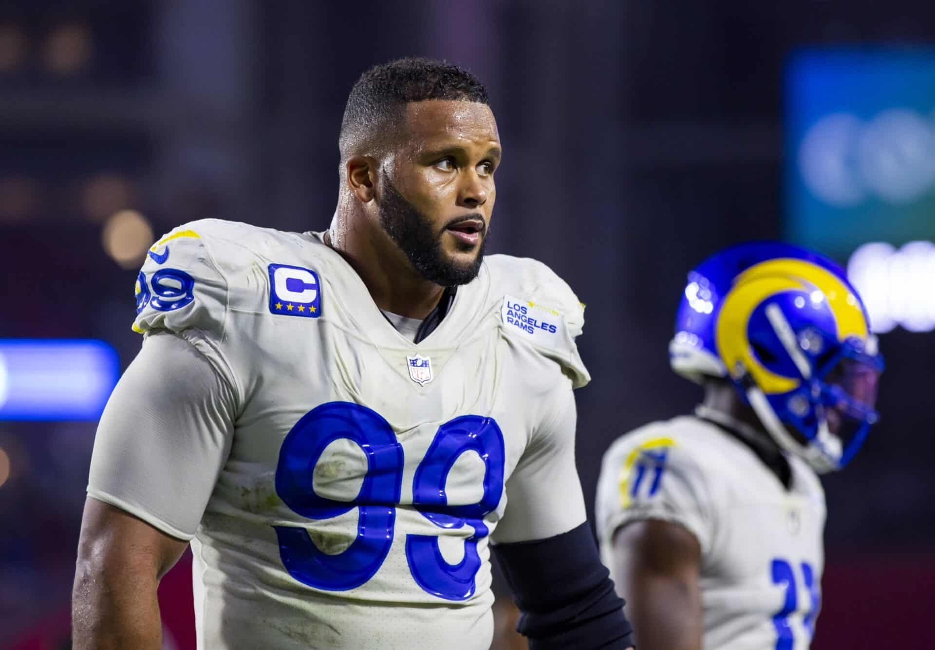 Los Angeles Rams DT Aaron Donald (99) with his helmet off after a game.