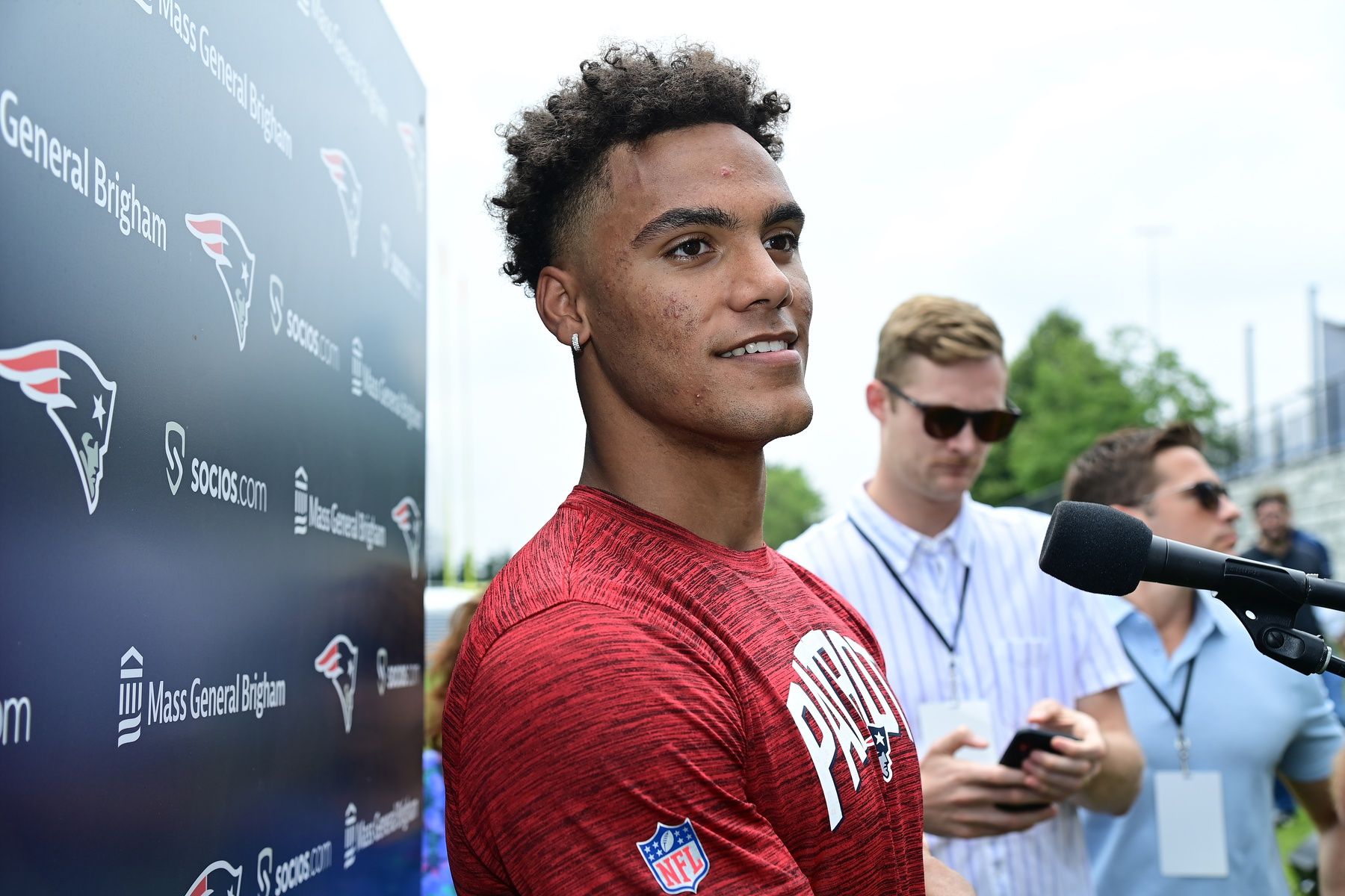 New England Patriots cornerback Christian Gonzalez speaks to the media at the Patriots' minicamp.