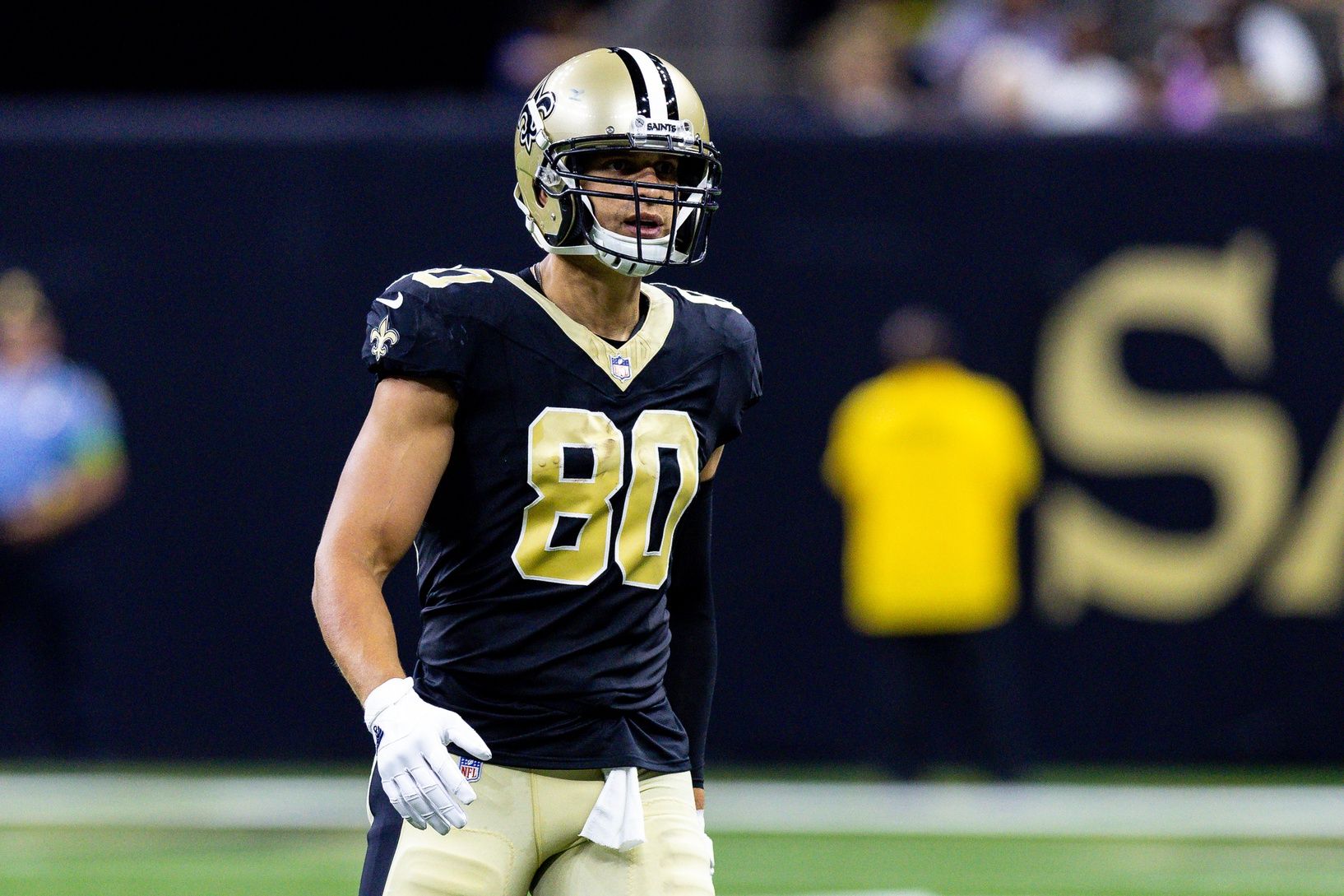 Jimmy Graham (80) looks on against the Houston Texans during the first half at the Caesars Superdome.