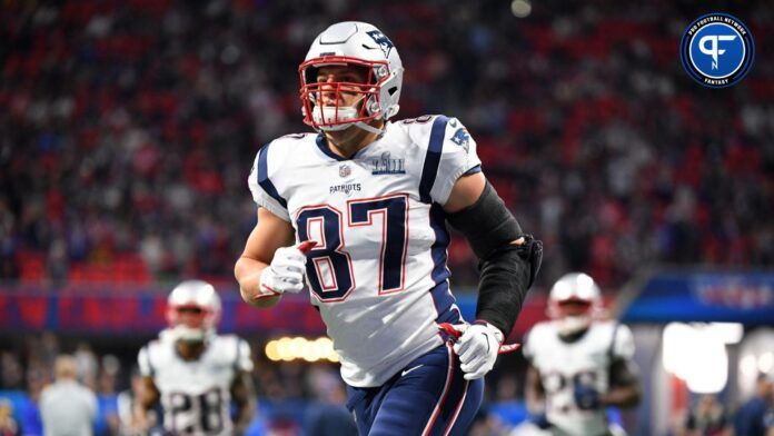 Rob Gronkowski (87) before Super Bowl LIII against the Los Angeles Rams at Mercedes-Benz Stadium.