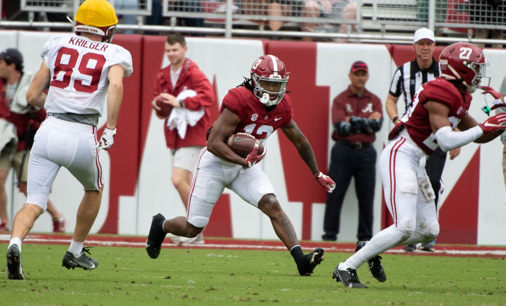 Alabama Crimson Tide running back Jahmyr Gibbs (13) returns a kick during the A-Day game at Bryant-Denny Stadium.