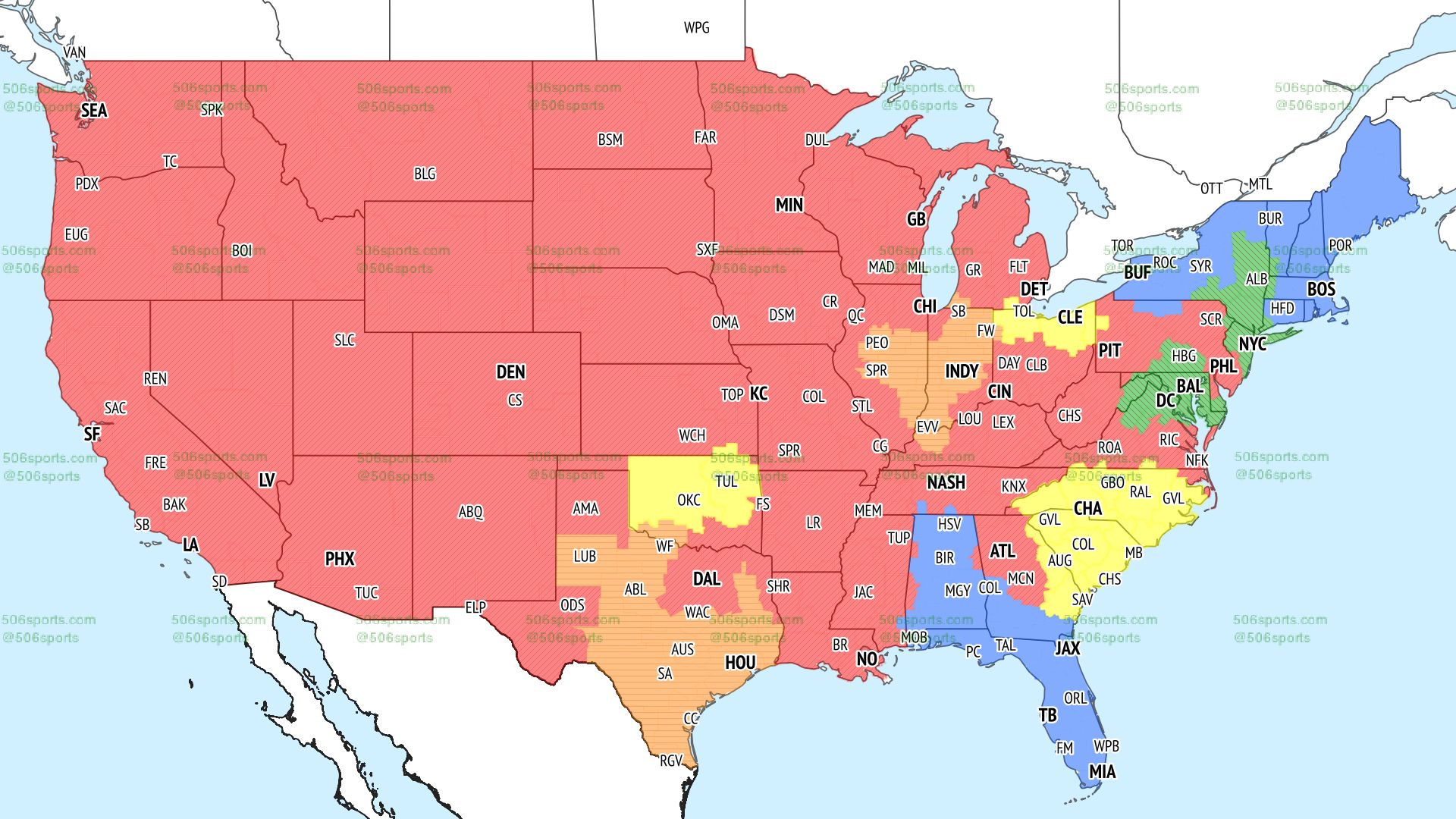 NFL coverage map of early CBS games in Week 1