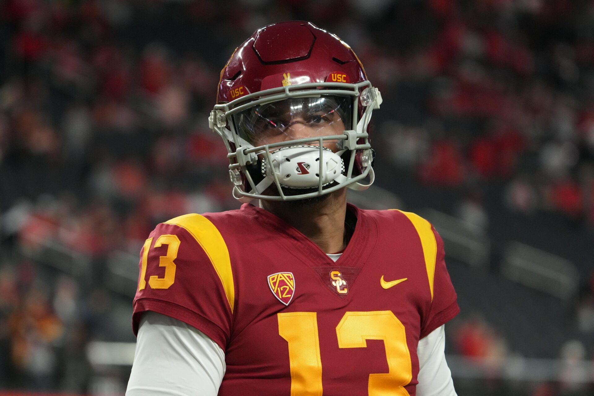 A close-up view of USC Trojans QB Caleb Williams (13).