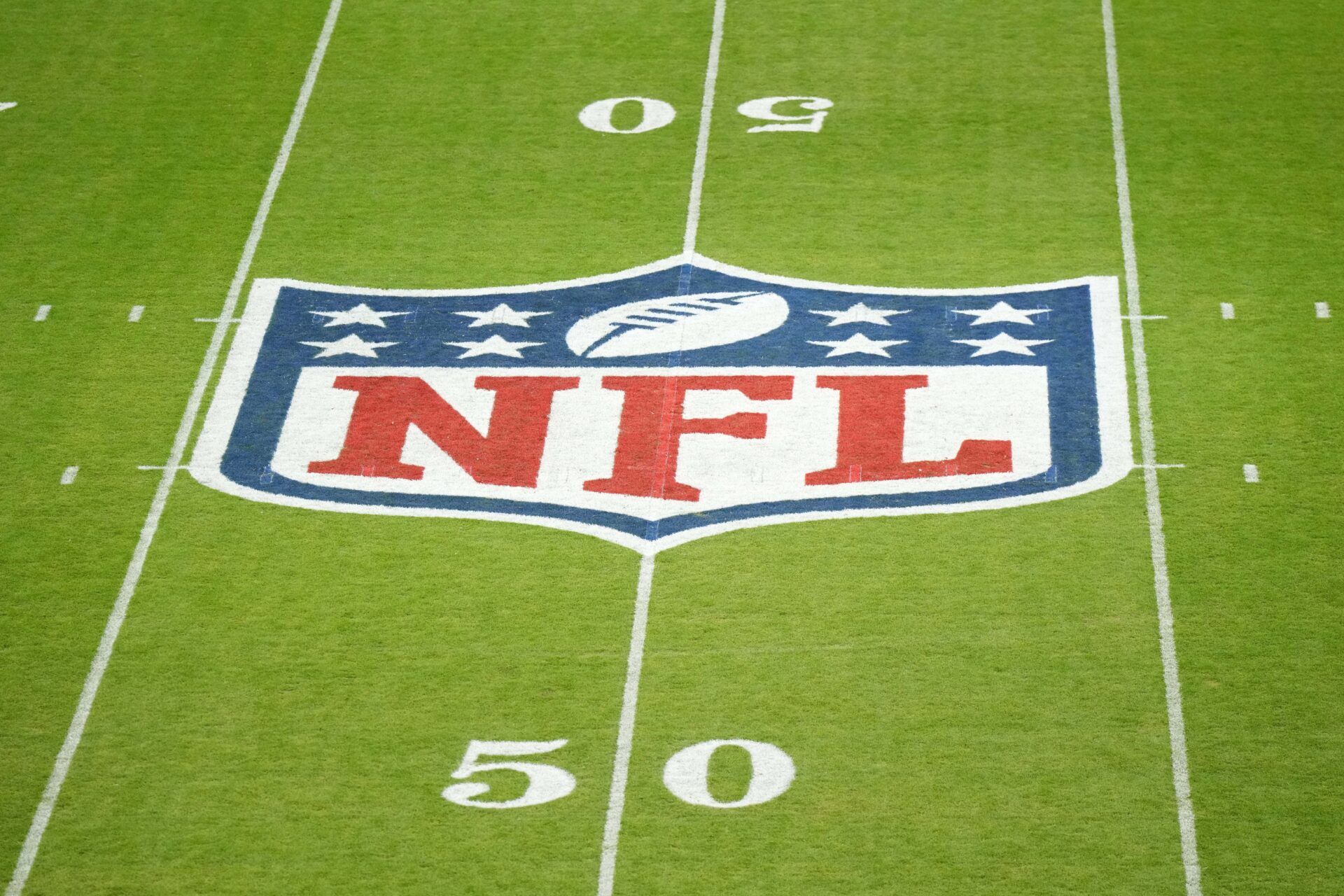 Nov 5, 2023; Frankfurt, Germany; The NFL shield logo at midfield during an NFL International Series game at Deutsche Bank Park. Mandatory Credit: Kirby Lee-USA TODAY Sports