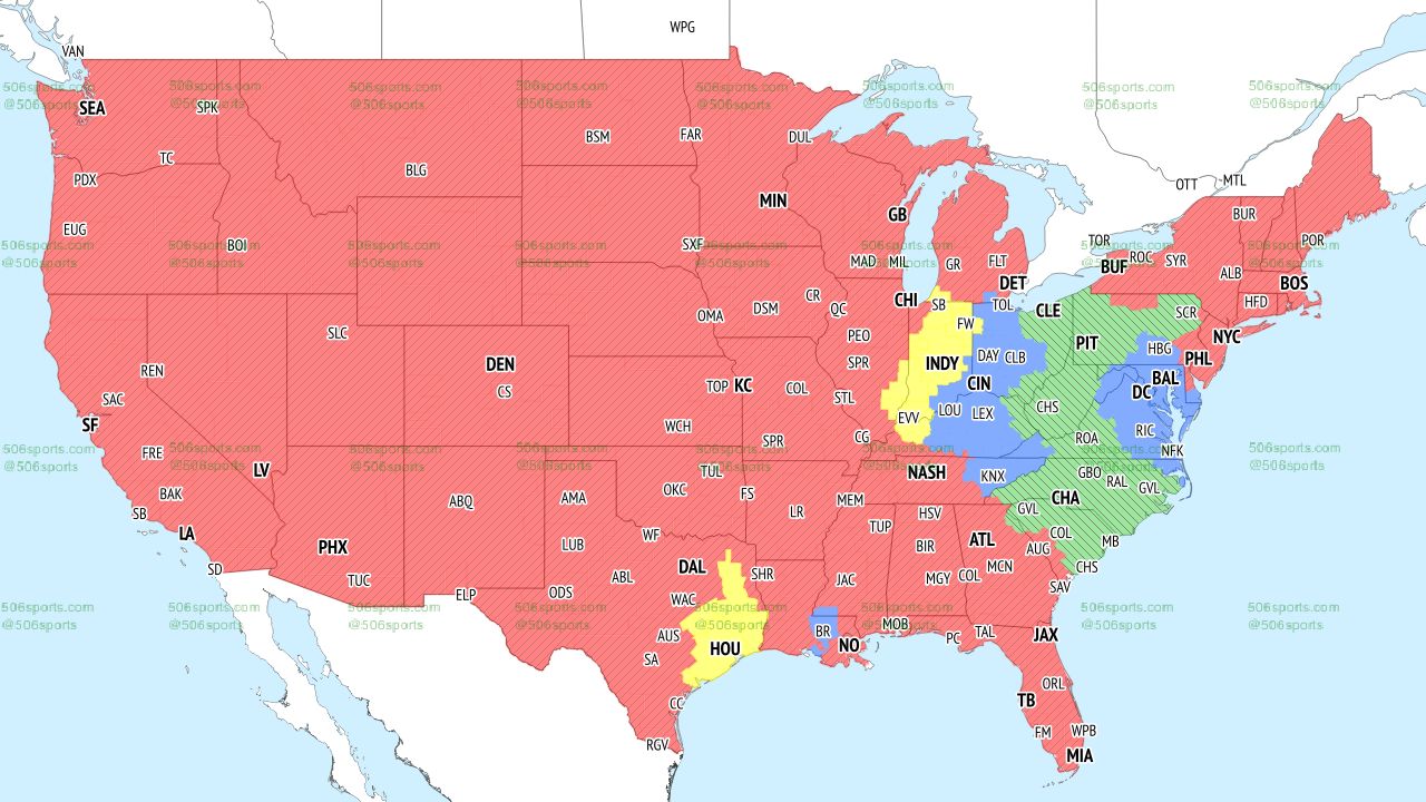 A color-coded map of the United States showing which NFL games will be shown where in Week 18