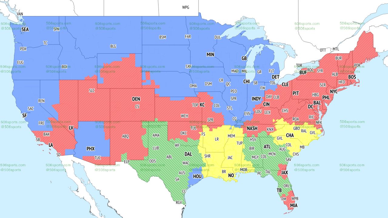 A color-coded map of the United States showing which NFL games will be shown where in Week 18