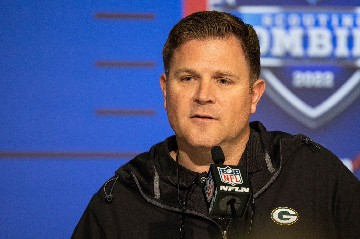 Green Bay Packers general manager Brian Gutekunst speaking to the media at the NFL Combine.