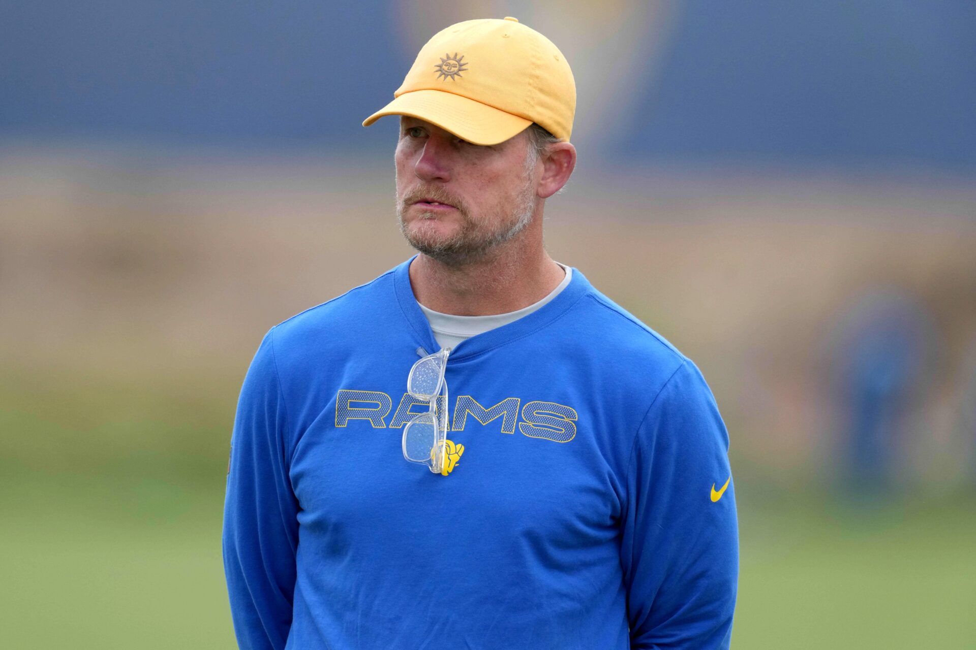 Los Angeles Rams general manager Les Snead looks on during the team's practice.