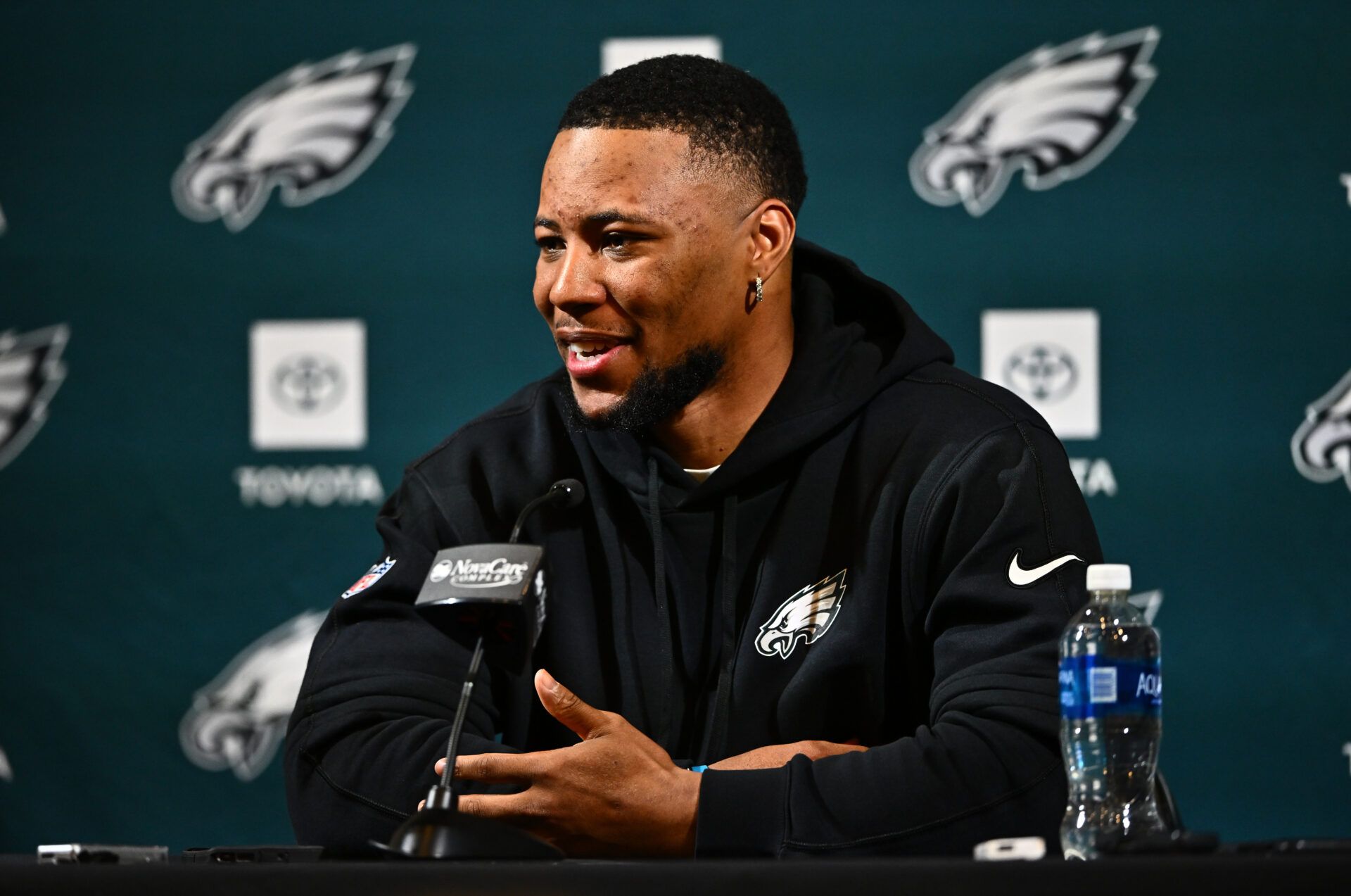 Mar 14, 2024; Philadelphia, PA, USA; Philadelphia Eagles running back Saquon Barkley speaks during a press conference after signing with the Eagles. Mandatory Credit: Kyle Ross-USA TODAY Sports