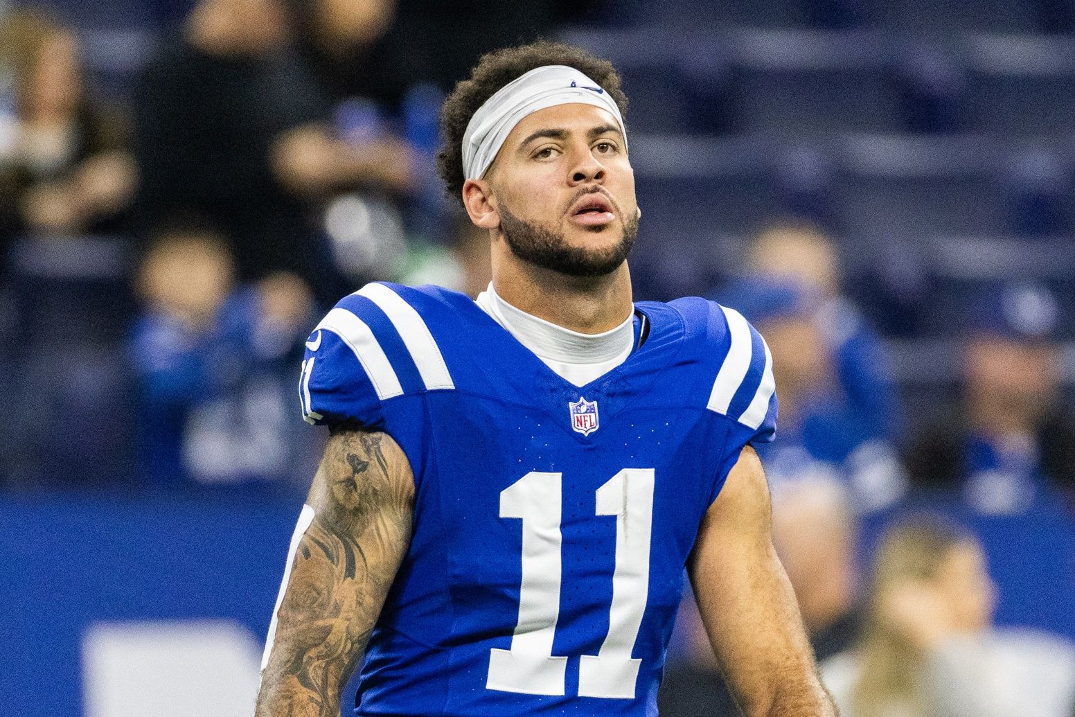 Dec 31, 2023; Indianapolis, Indiana, USA; Indianapolis Colts wide receiver Michael Pittman Jr. (11) during warmups before the game against the Las Vegas Raiders at Lucas Oil Stadium. Mandatory Credit: Trevor Ruszkowski-USA TODAY Sports