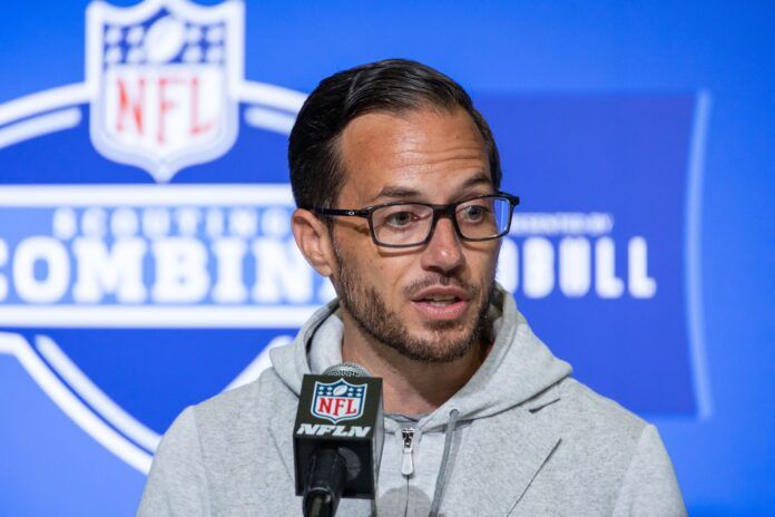 Mike McDaniel speaks to the press at the NFL Combine.