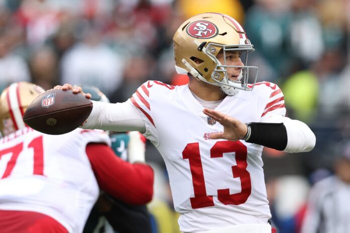 San Francisco 49ers QB Brock Purdy throws a pass.