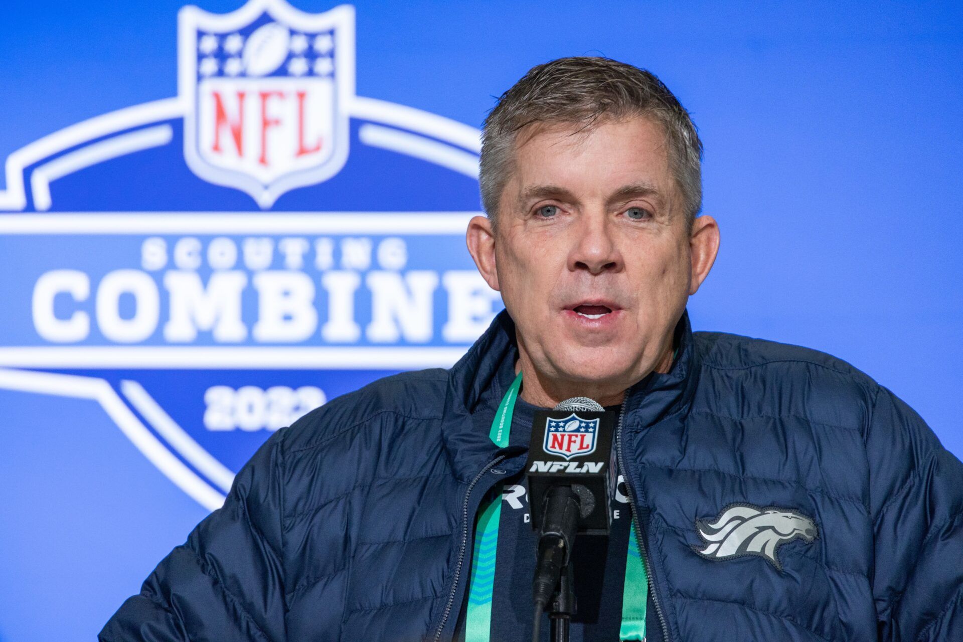 Denver Broncos head coach Sean Payton speaks to the press at the NFL Combine.