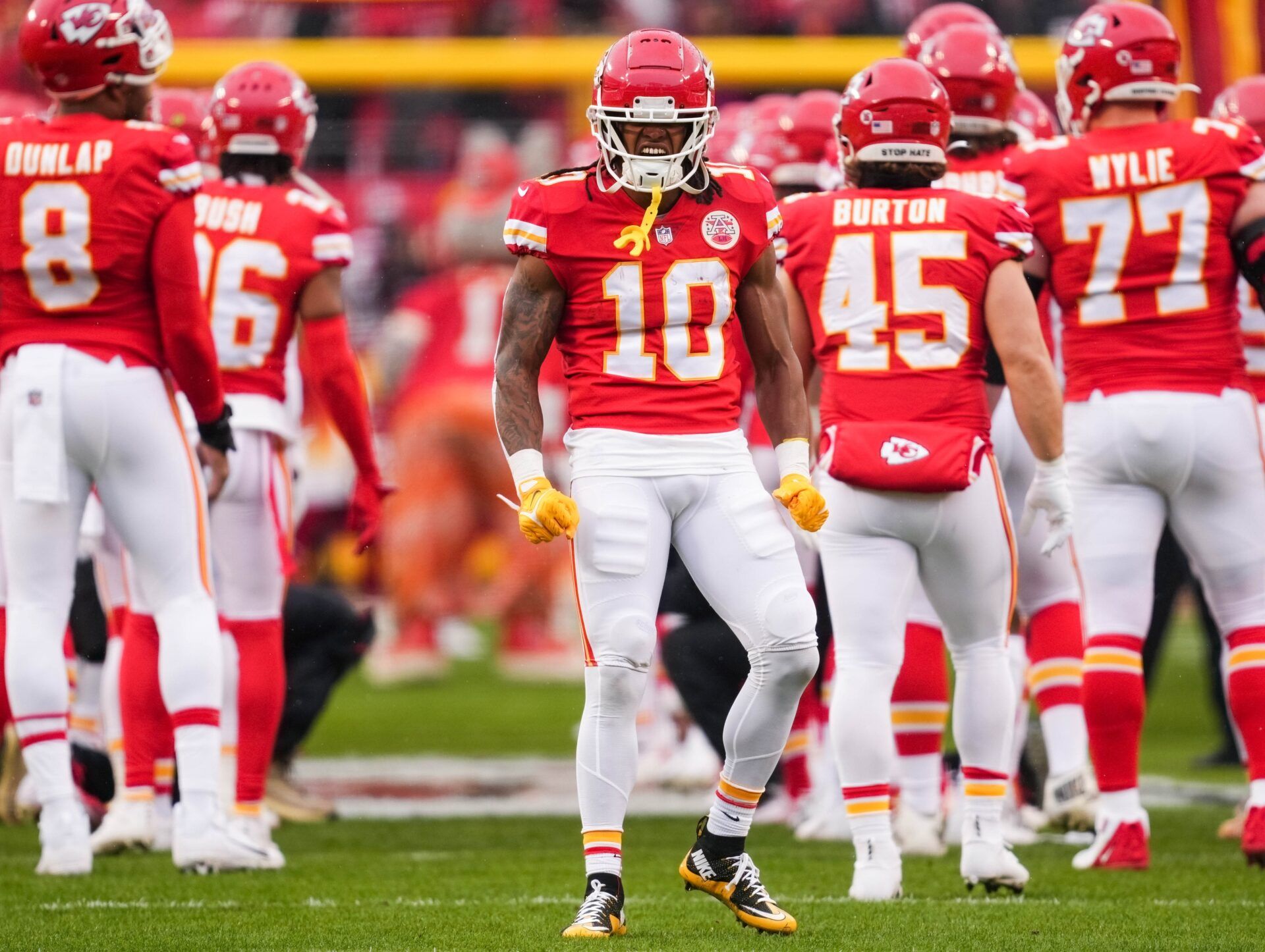 Kansas City Chiefs running back Isiah Pacheco (10) is introduced prior to an AFC divisional round game against the Jacksonville Jaguars at GEHA Field at Arrowhead Stadium.