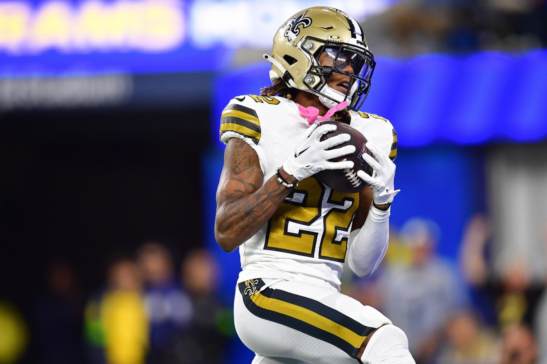 Dec 21, 2023; Inglewood, California, USA; New Orleans Saints wide receiver Rashid Shaheed (22) catches a touchdown pass against the Los Angeles Rams during the first half at SoFi Stadium. Mandatory Credit: Gary A. Vasquez-USA TODAY Sports