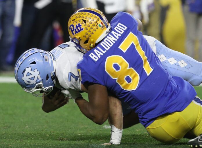 Pittsburgh Panthers defensive lineman Habakkuk Baldonado (87) sacks North Carolina Tar Heels quarterback Sam Howell