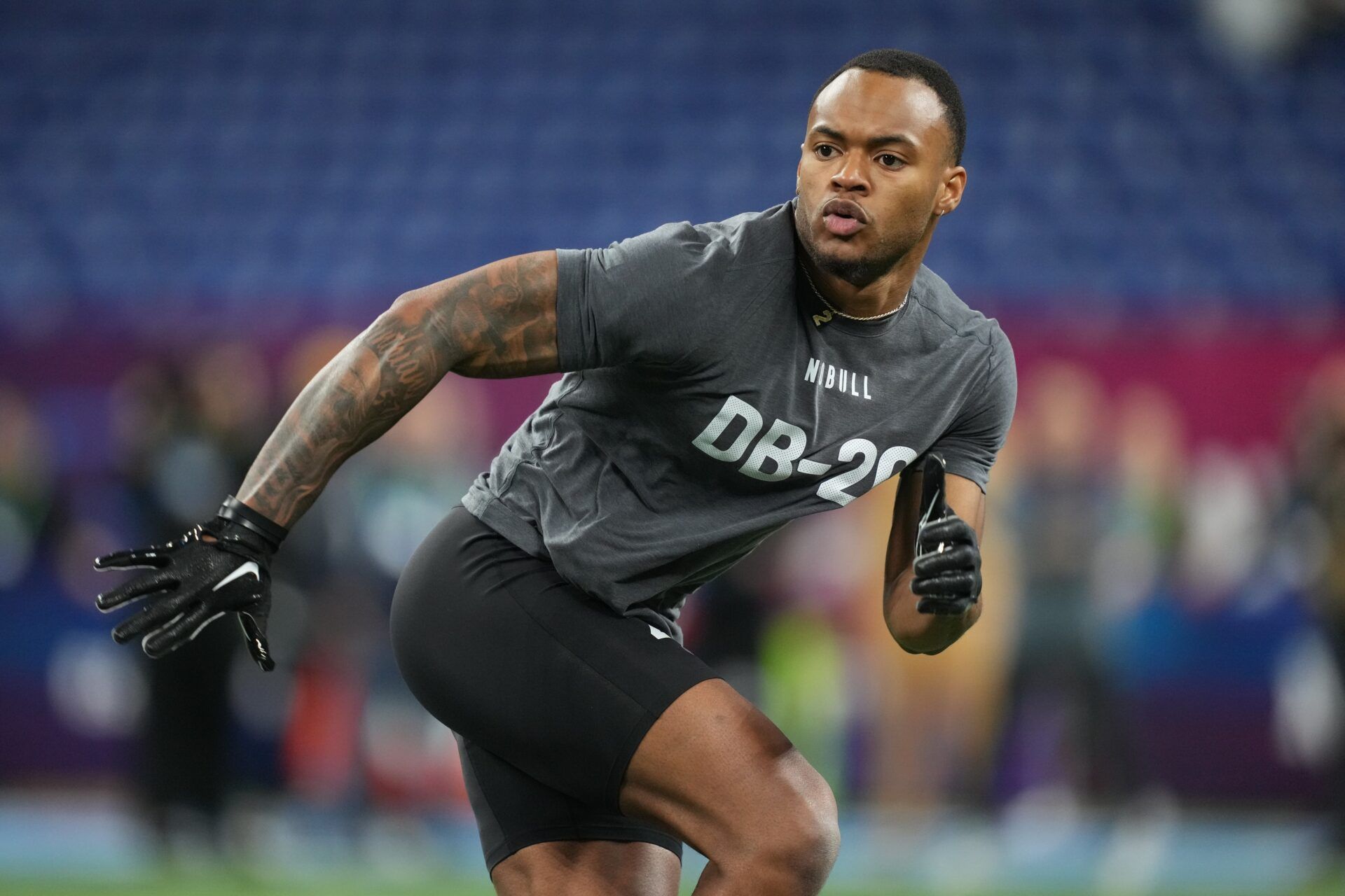 Northwestern CB Cameron Mitchell performs drills at Lucas Oil Stadium during the NFL Combine.
