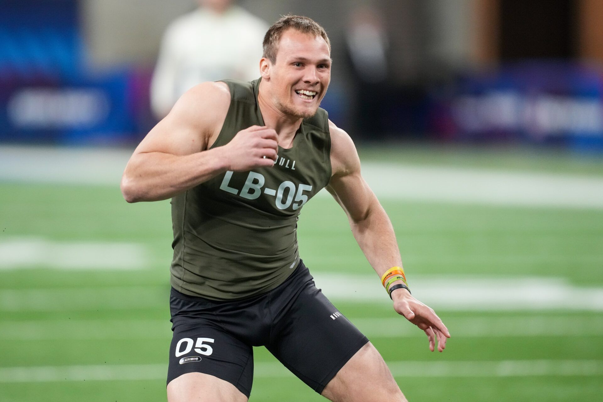 Iowa linebacker Jack Campbell participates in drills during the NFL Combine.