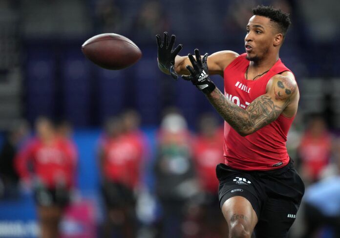 Texas Christian wide receiver Quentin Johnston (WO30) participates in drills at Lucas Oil Stadium