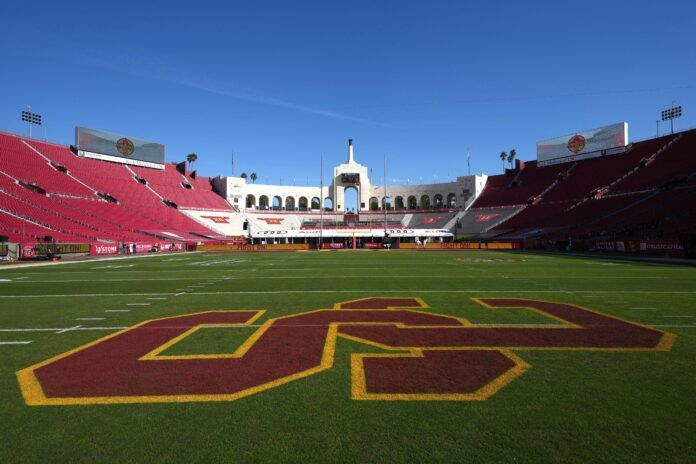 The Southern California Trojans SC logo at midfield at United Airlines Field at Los Angeles Memorial Coliseum.