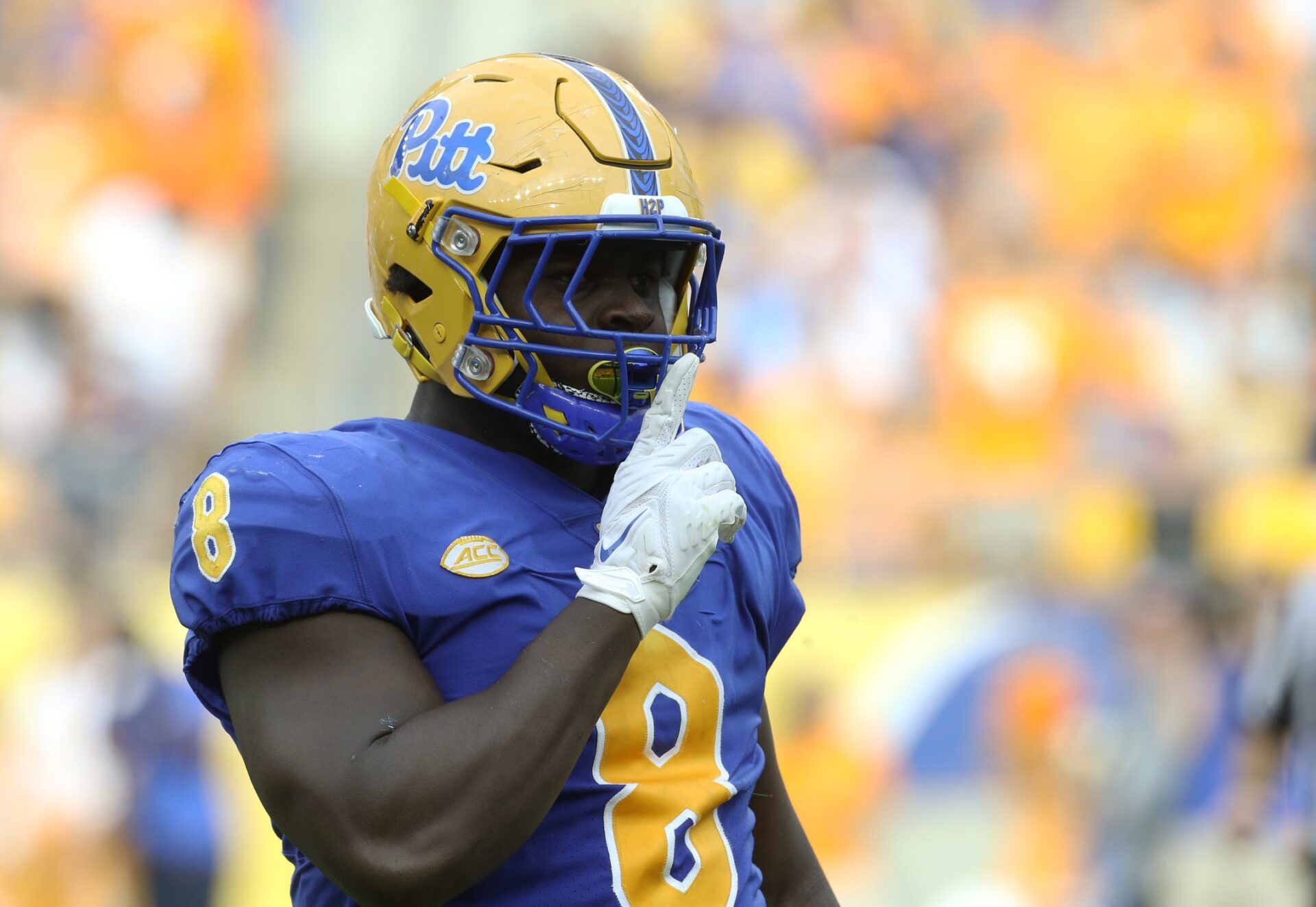Pittsburgh Panthers defensive lineman Calijah Kancey (8) signals silence after recording a sack.