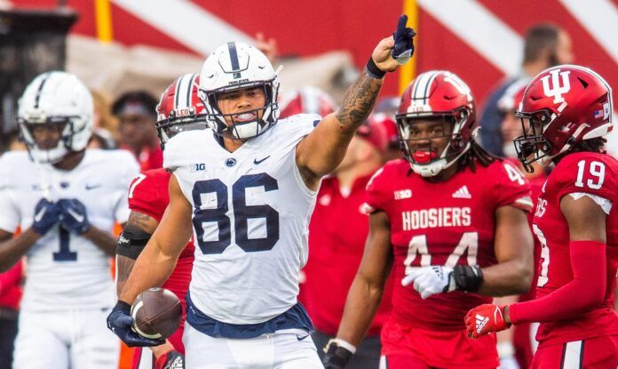 Penn State tight end Brenton Strange (86) celebrates a first down against Indiana.