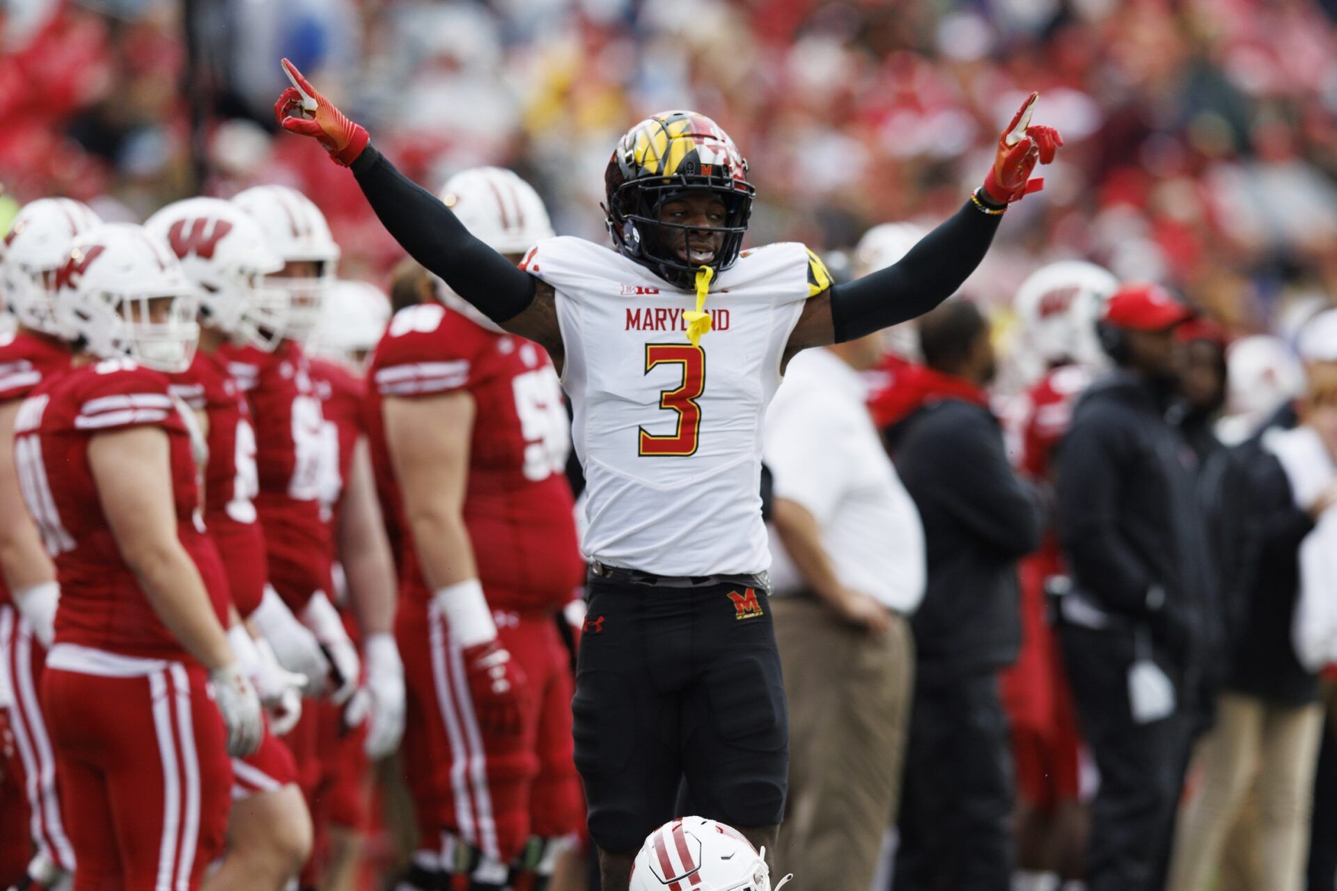 Maryland defensive back Deonte Banks (3) celebrates after a play.