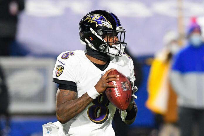 Lamar Jackson drops back to pass against the Buffalo Bills.