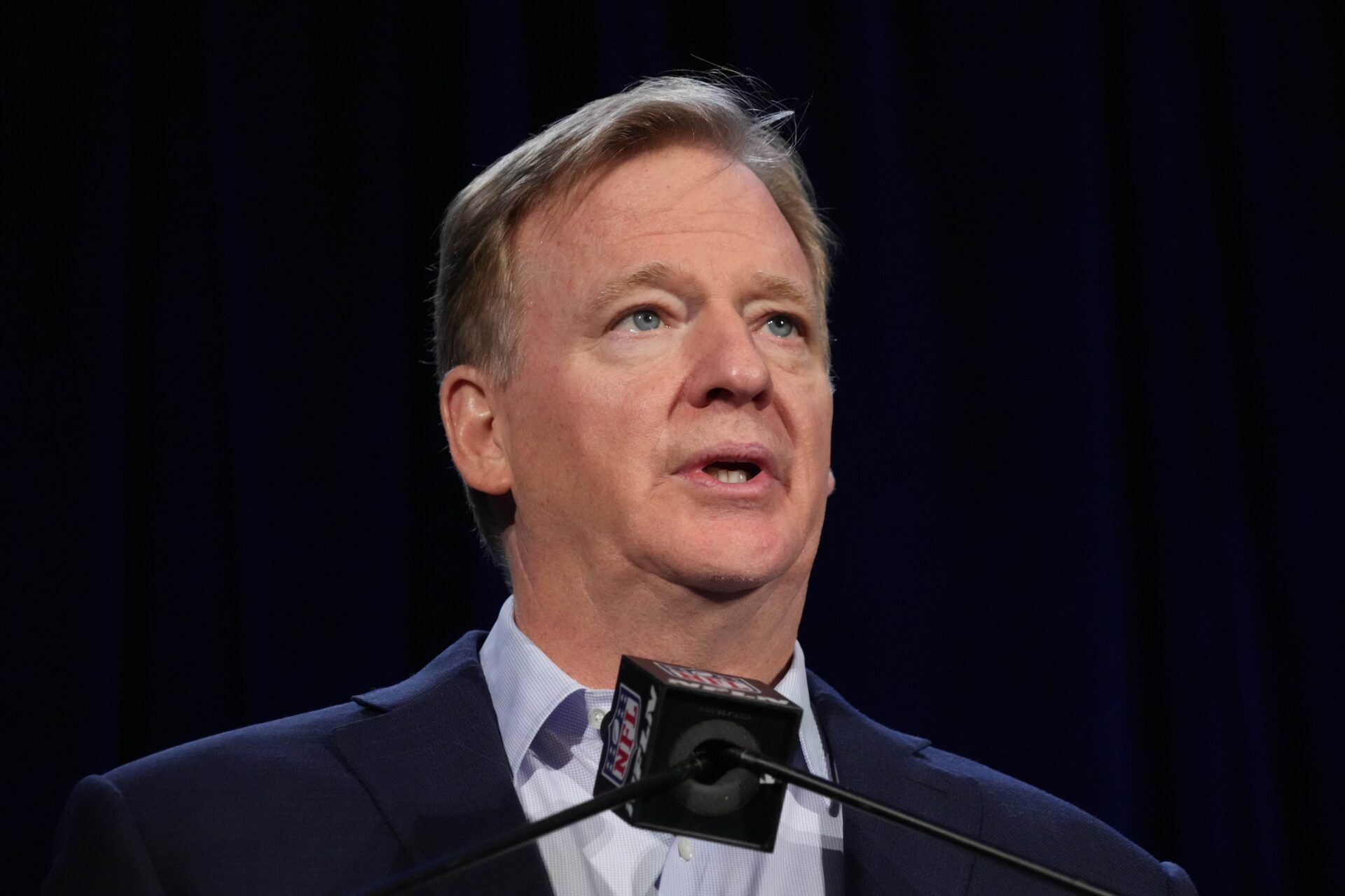 NFL Commissioner Roger Goodell speaks during a Super Bowl press conference.