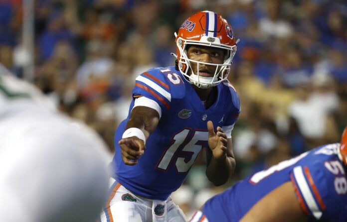 Anthony Richardson points against the South Florida Bulls during the second quarter.