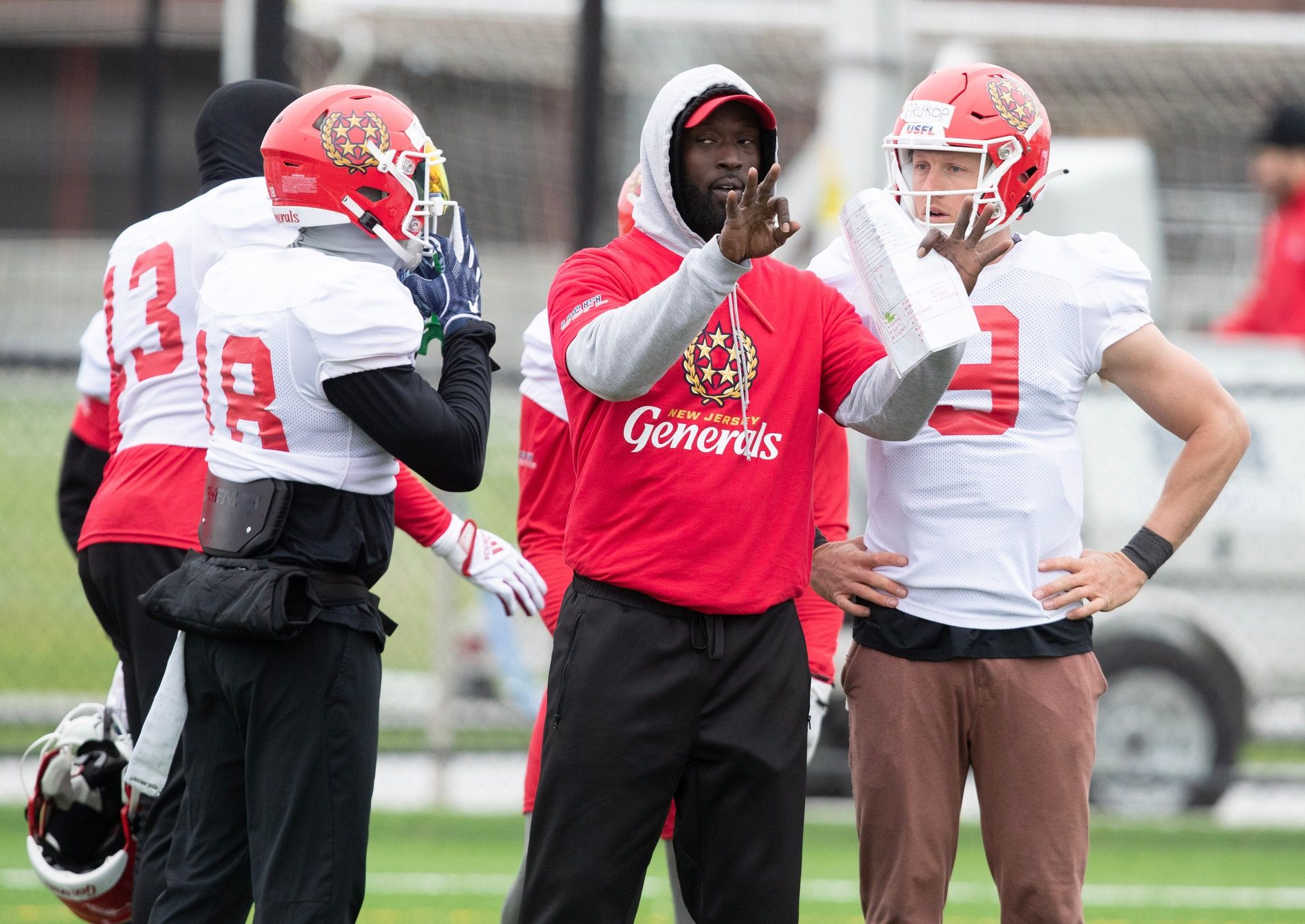 The USFL's New Jersey Generals practice at the Pro Football Hall of Fame.