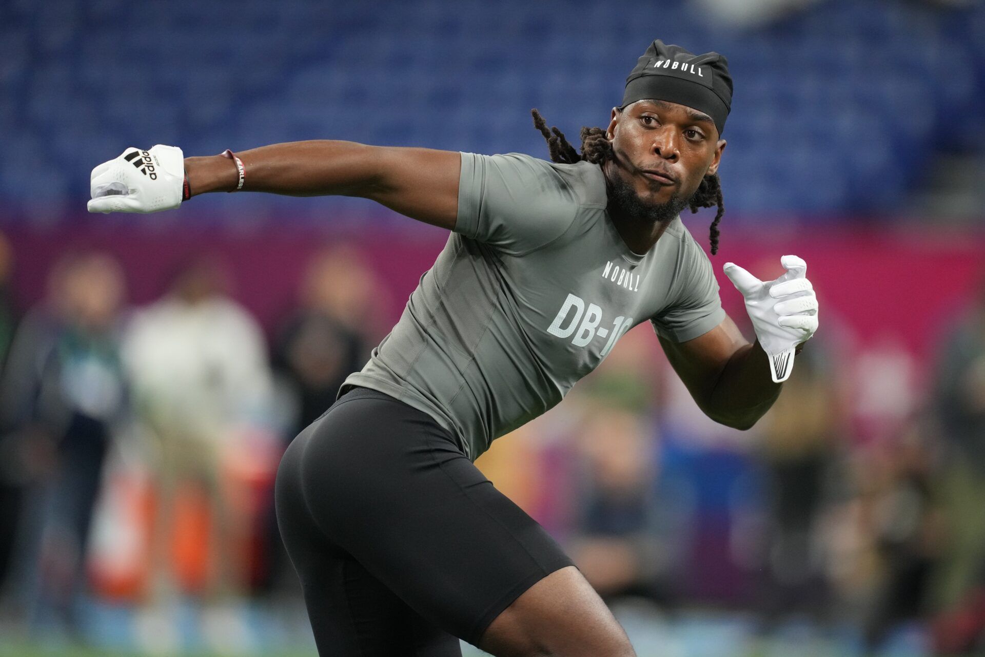 Cincinnati cornerback Arquon Bush participates in drills at Lucas Oil Stadium.