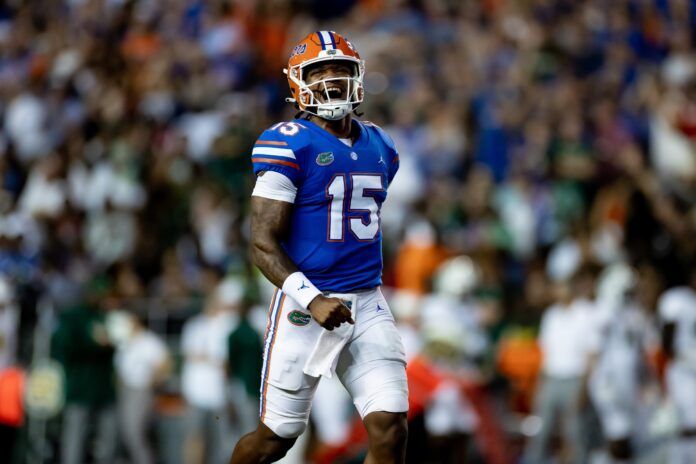 Anthony Richardson celebrates after a touchdown during the first half against the South Florida Bulls.