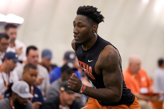 Texas LB DeMarvion Overshown competes in a drill at the Longhorns' Pro Day.