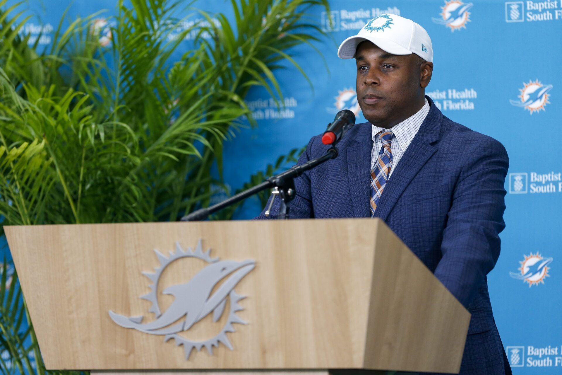 Miami Dolphins general manager Chris Grier speaks during a press conference.
