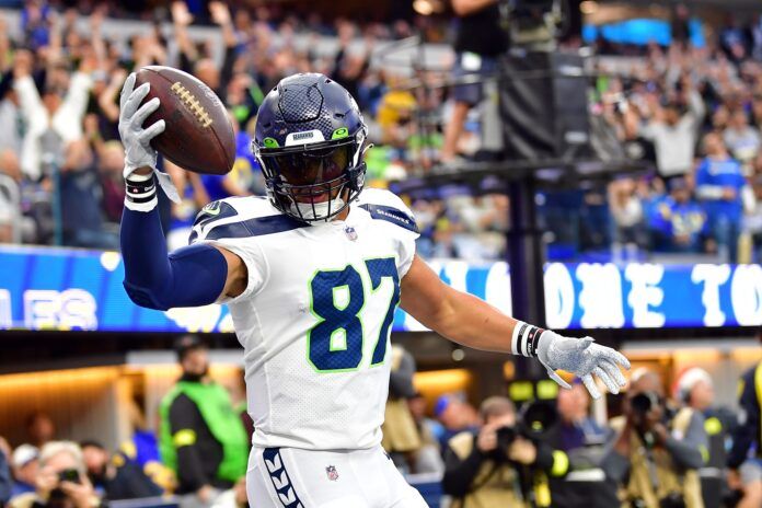 Seattle Seahawks tight end Noah Fant celebrates a touchdown.