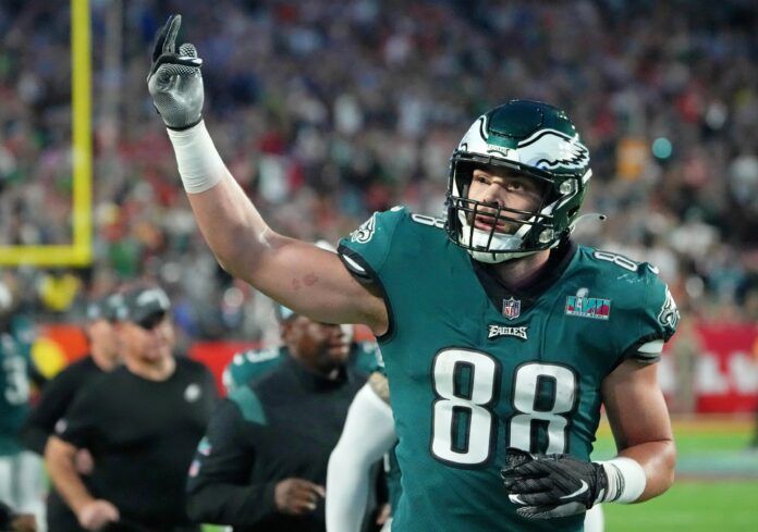 Philadelphia Eagles tight end Dallas Goedert gestures to fans against the Kansas City Chiefs.