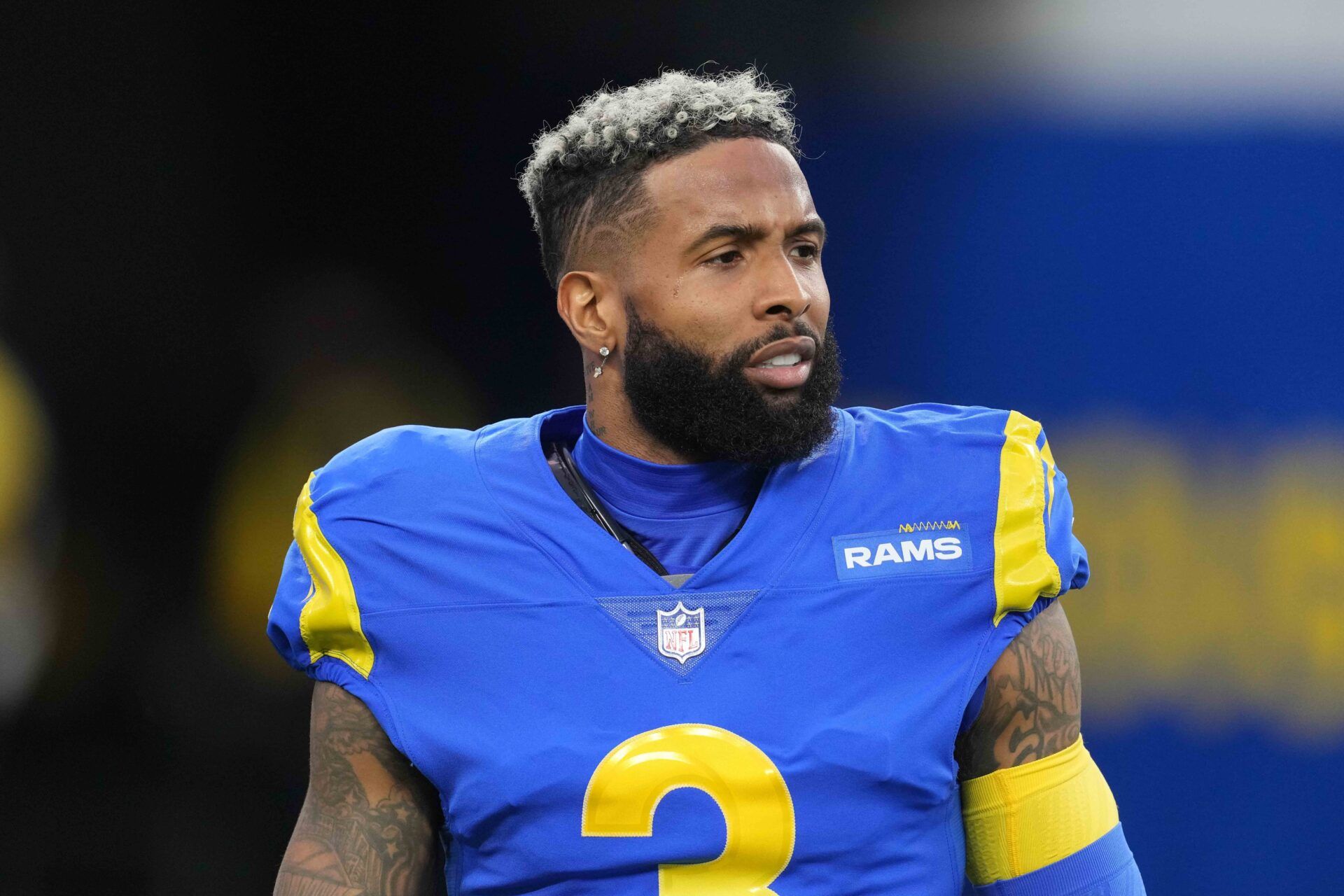 Los Angeles Rams wide receiver Odell Beckham Jr. (3) reacts before a NFC Wild Card playoff football game against the Arizona Cardinals at SoFi Stadium.