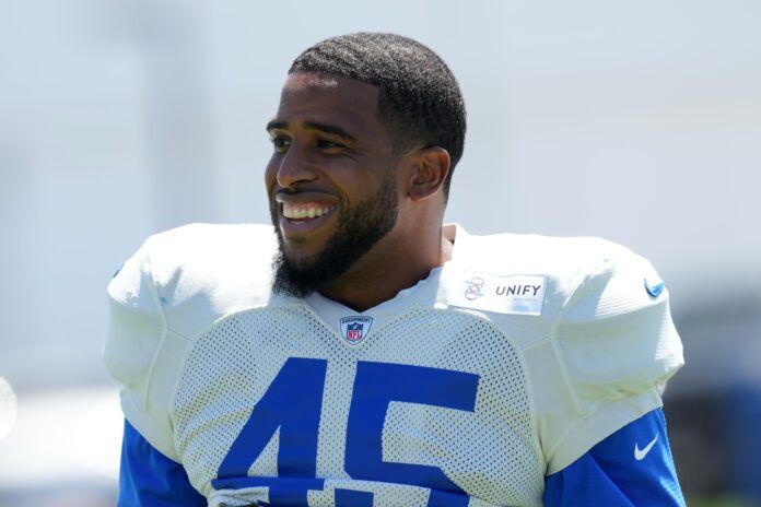 Los Angeles Rams LB Bobby Wagner (45) smiles during practice.