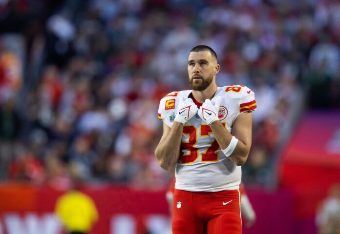 Travis Kelce against the Philadelphia Eagles during Super Bowl LVII.