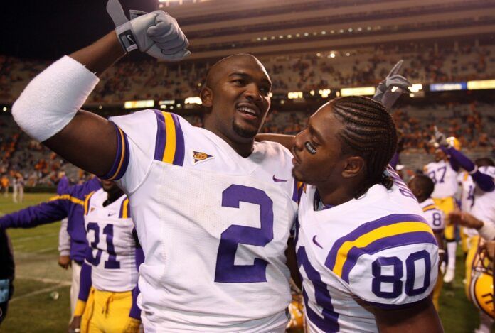 JaMarcus Russell celebrates with receiver Dwayne Bowe after the victory against the Tennessee Volunteers.